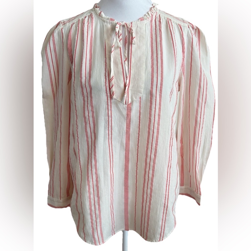 NWT LOFT Cream + Coral Stripe Puff Long Sleeve Ruffle Cotton Top Blouse XS